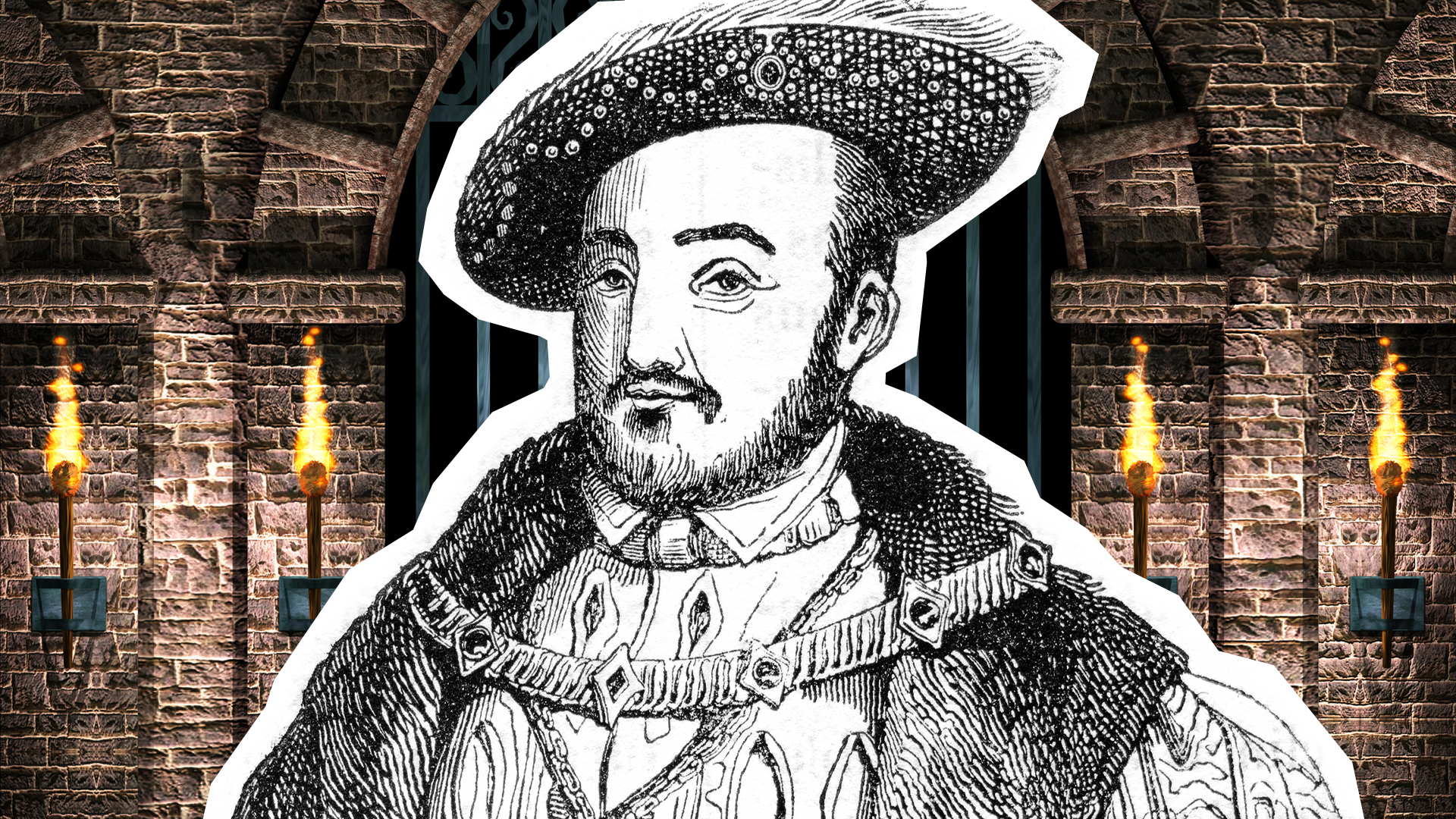 A black and white illustration of Henry VIII