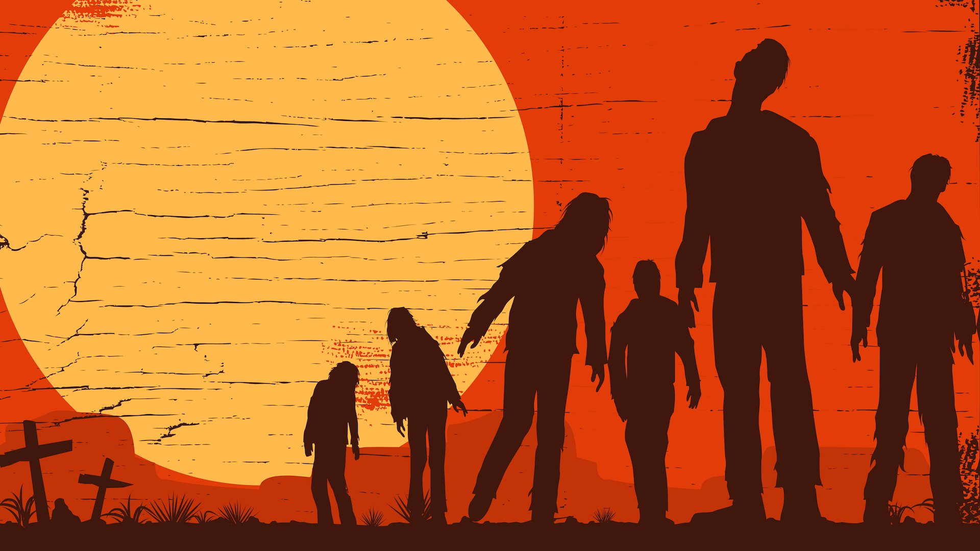 A group of zombies shuffling about in the sunset