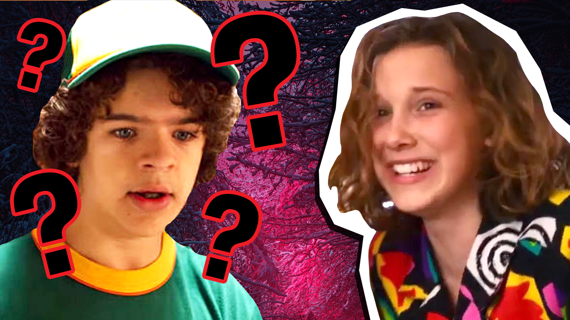Dustin and Eleven from Stranger Things surrounded by question marks in a horror forest