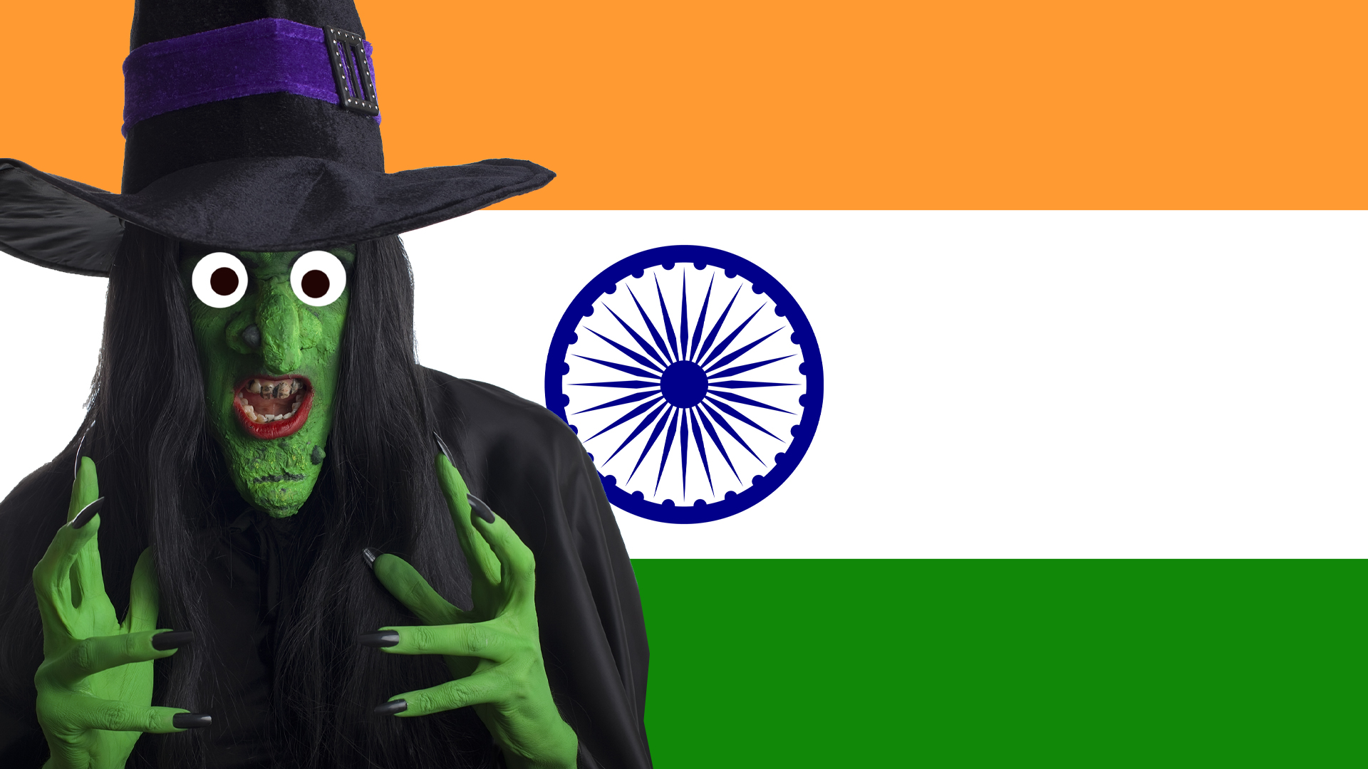 A witch standing in front of an Indian flag