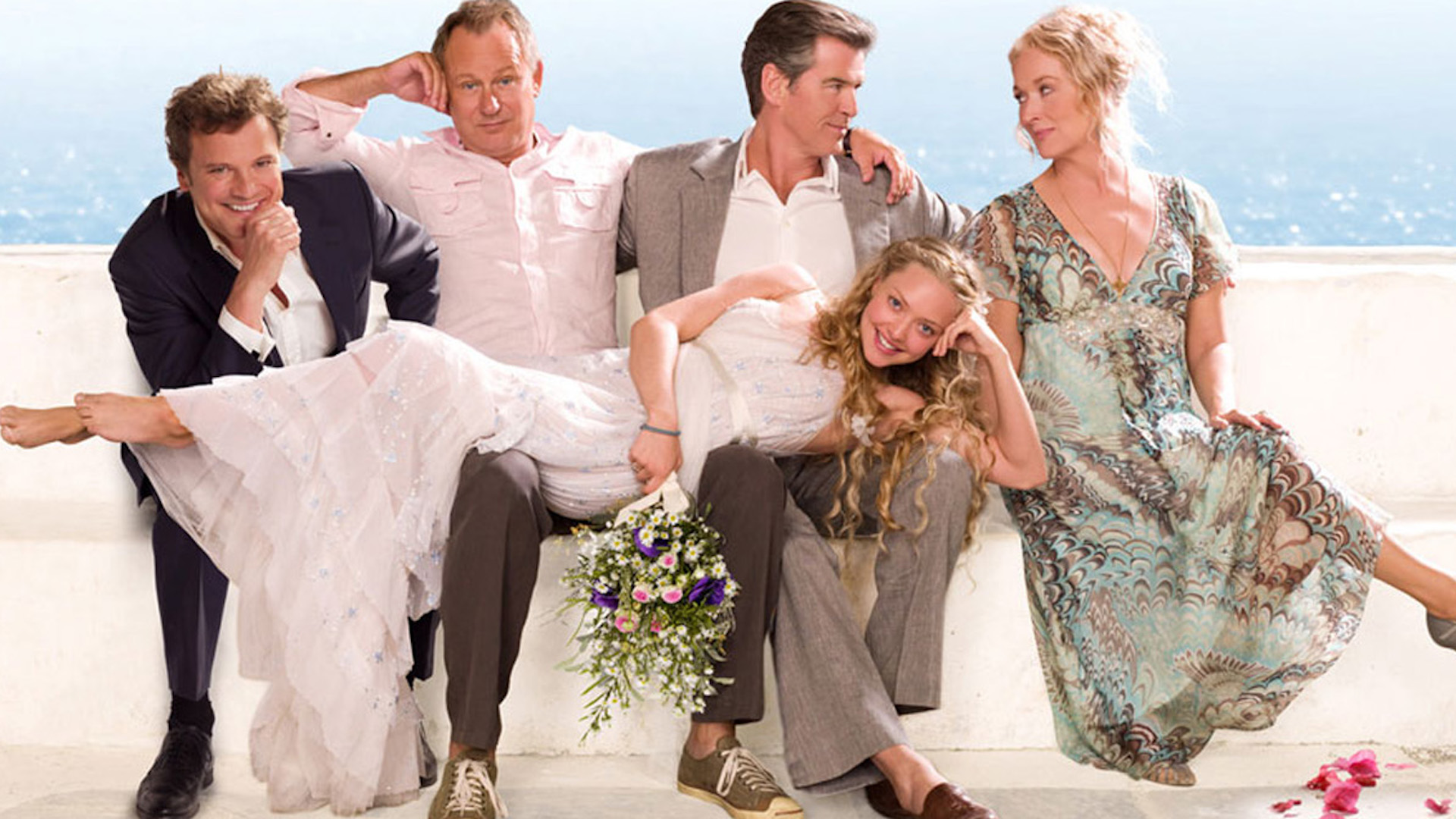 A promotional photo from Mamma Mia, featuring the main characters