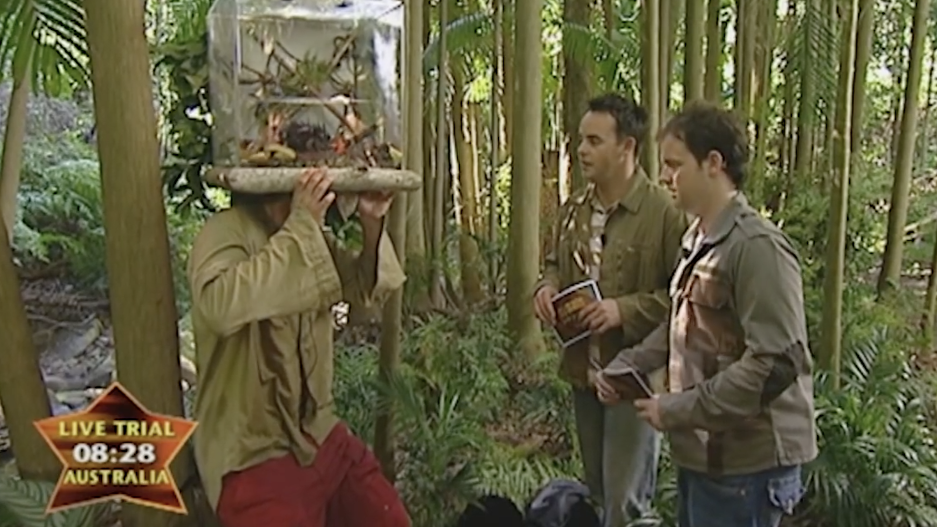 A scene from 2002's I'm A Celebrity... Get Me Out Of Here! featuring Peter Andre, Ant and Dec