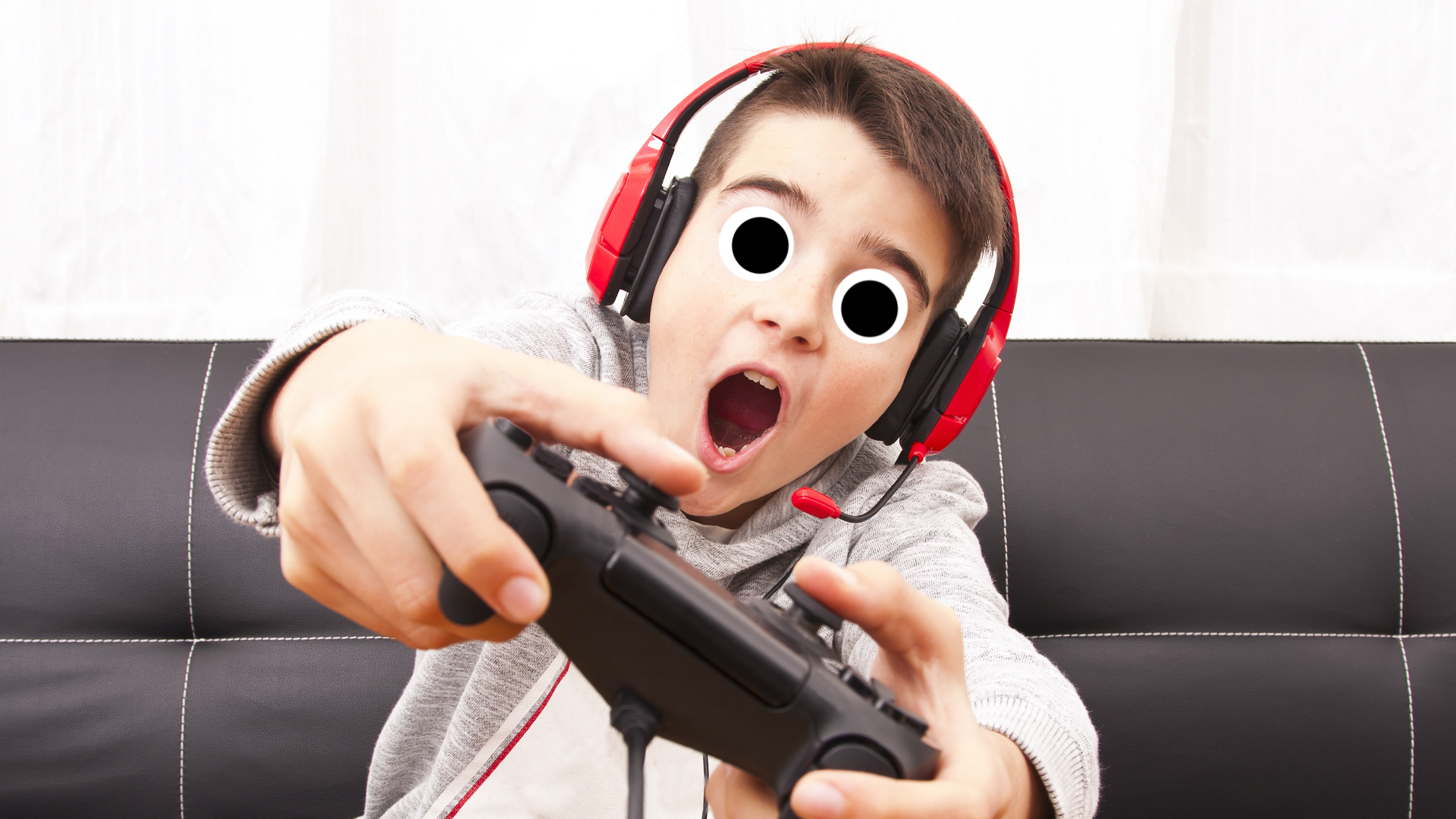 A child playing a video game with a lot of enthusiasm