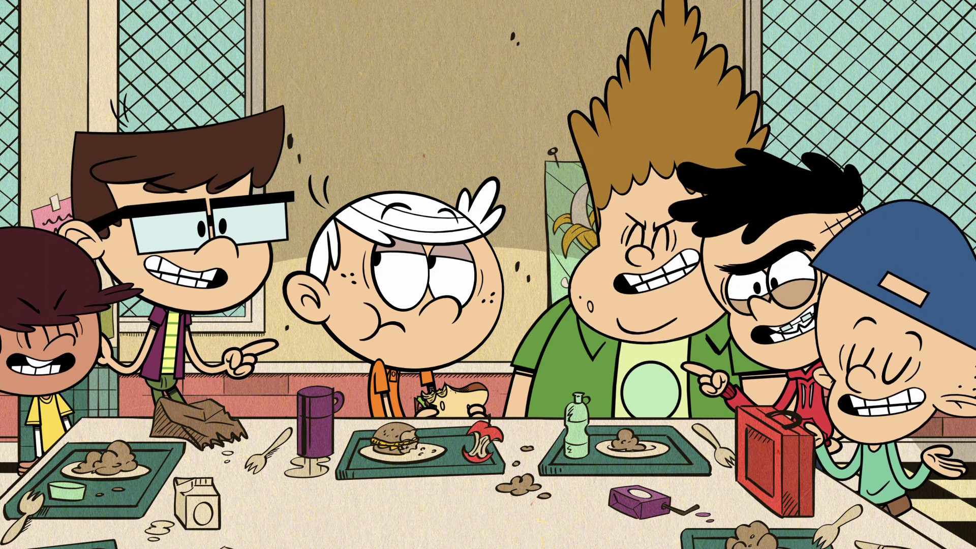 Lincoln Loud eats his lunch in the school cafeteria