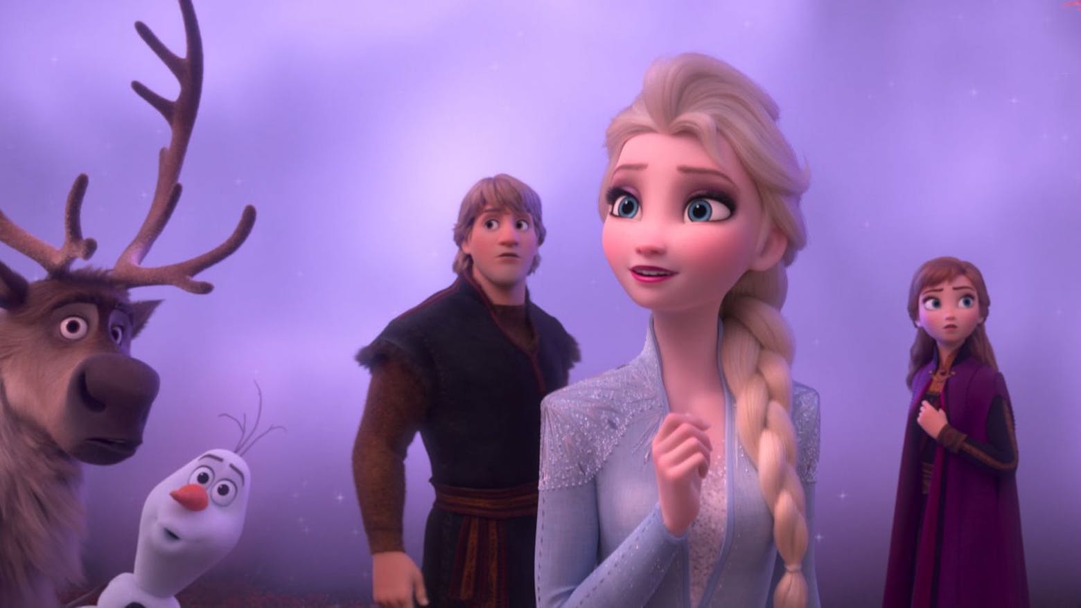 Sven, Olaf, Kristoff, Elsa and Anna in Frozen 2