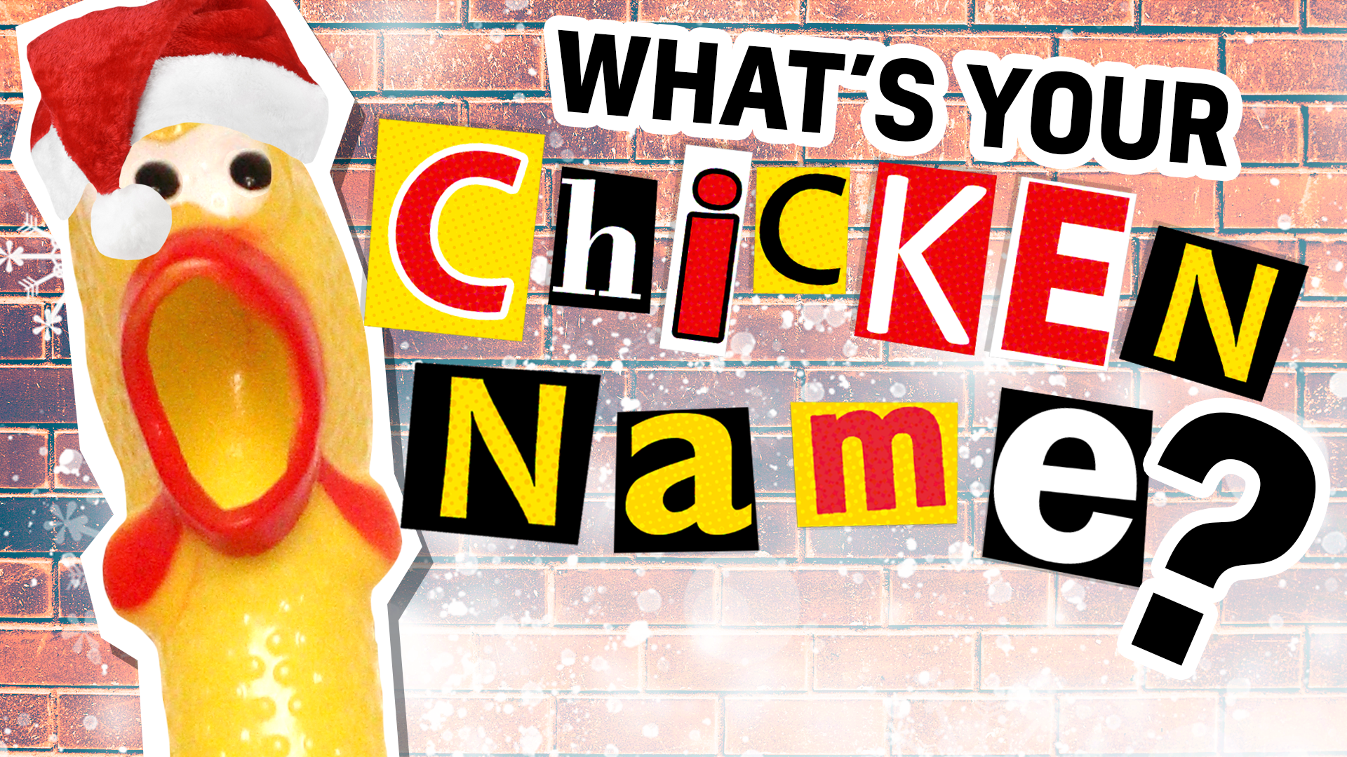 Rubber chicken wearing a Santa hat looking at the words 'What is your chicken name?'