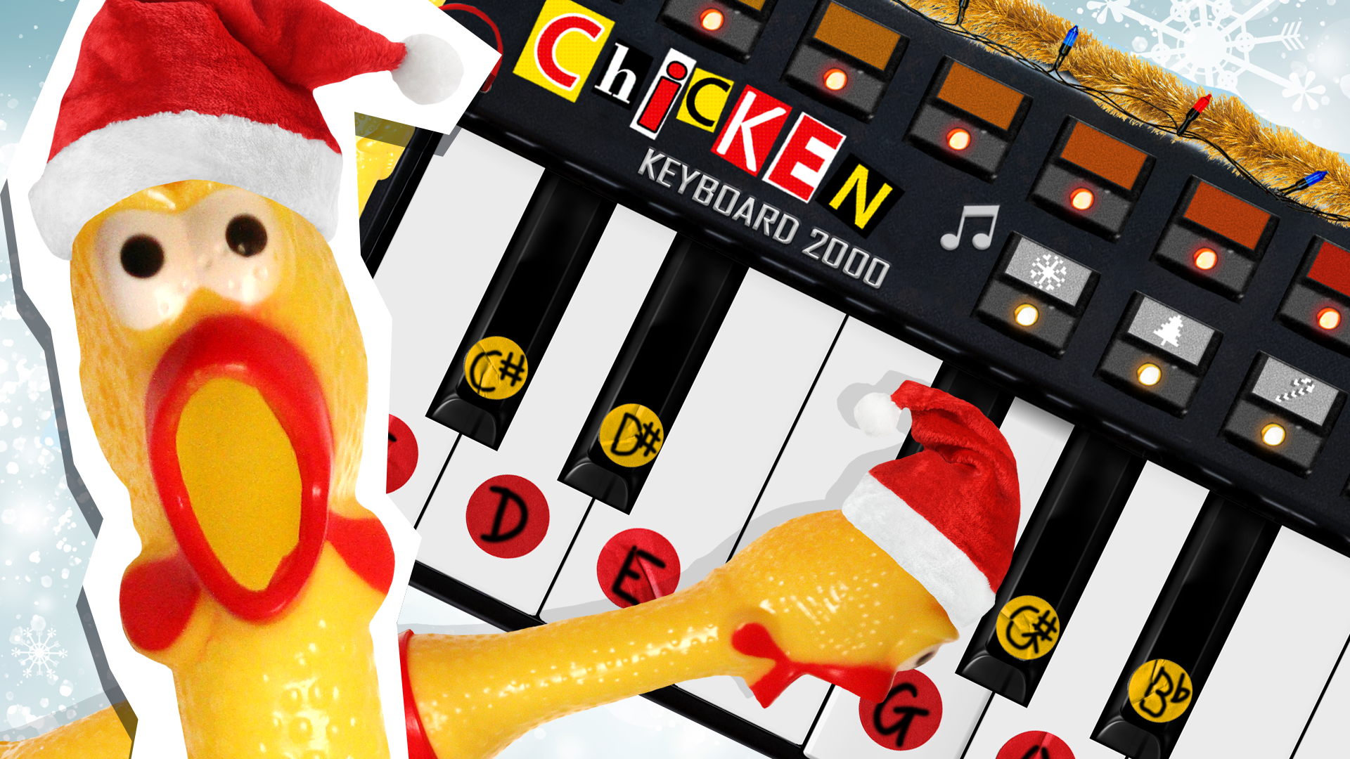 Rubber chicken in a Christmas hat slamming their face on a keyboard labelled "Chicken Keyboard 2000"