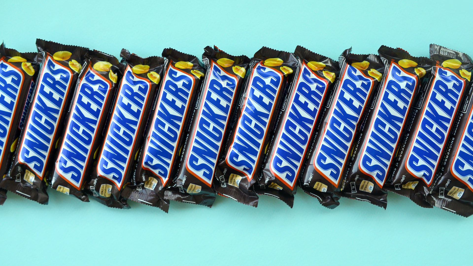 A row of Snickers bars