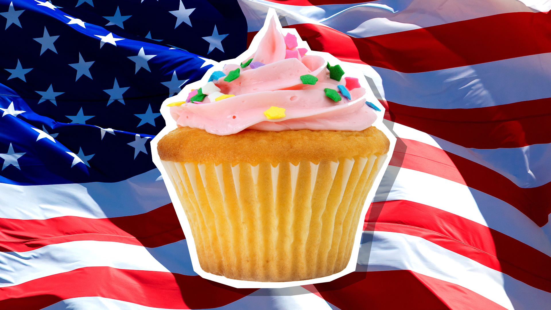 A cupcake in front of the USA flag