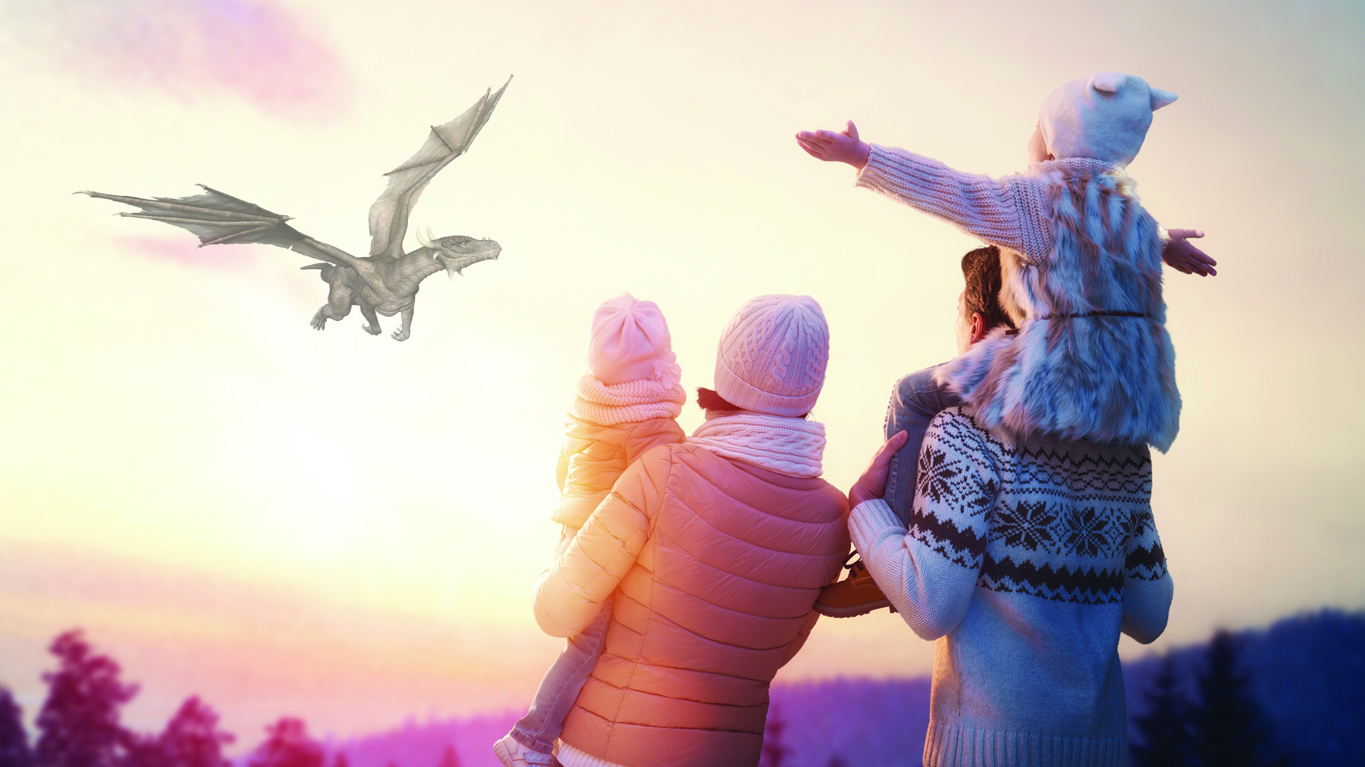 A dragon flies near a family