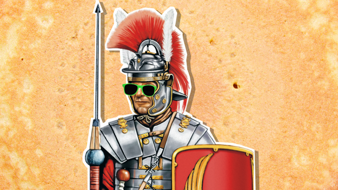 A Roman soldier against a pancake background 