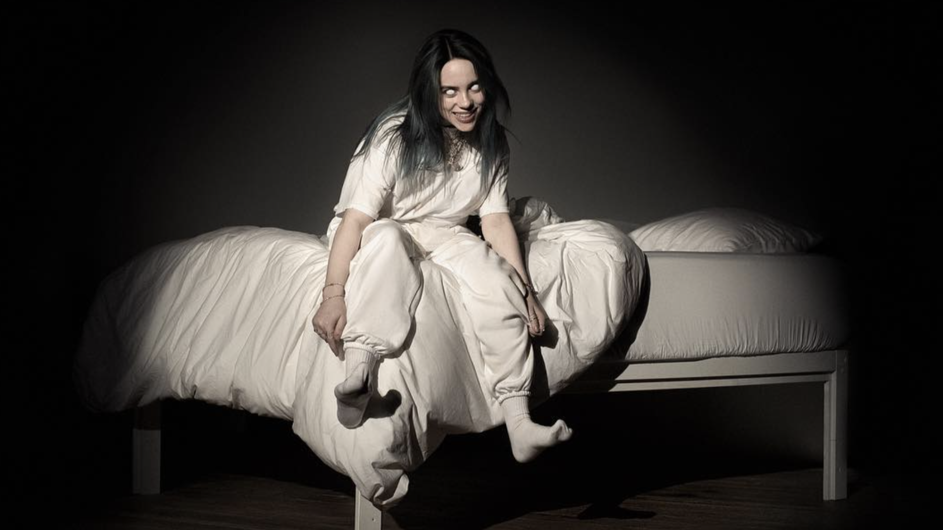Billie Eilish on the cover of her album, When We All Fall Asleep, Where Do We Go?