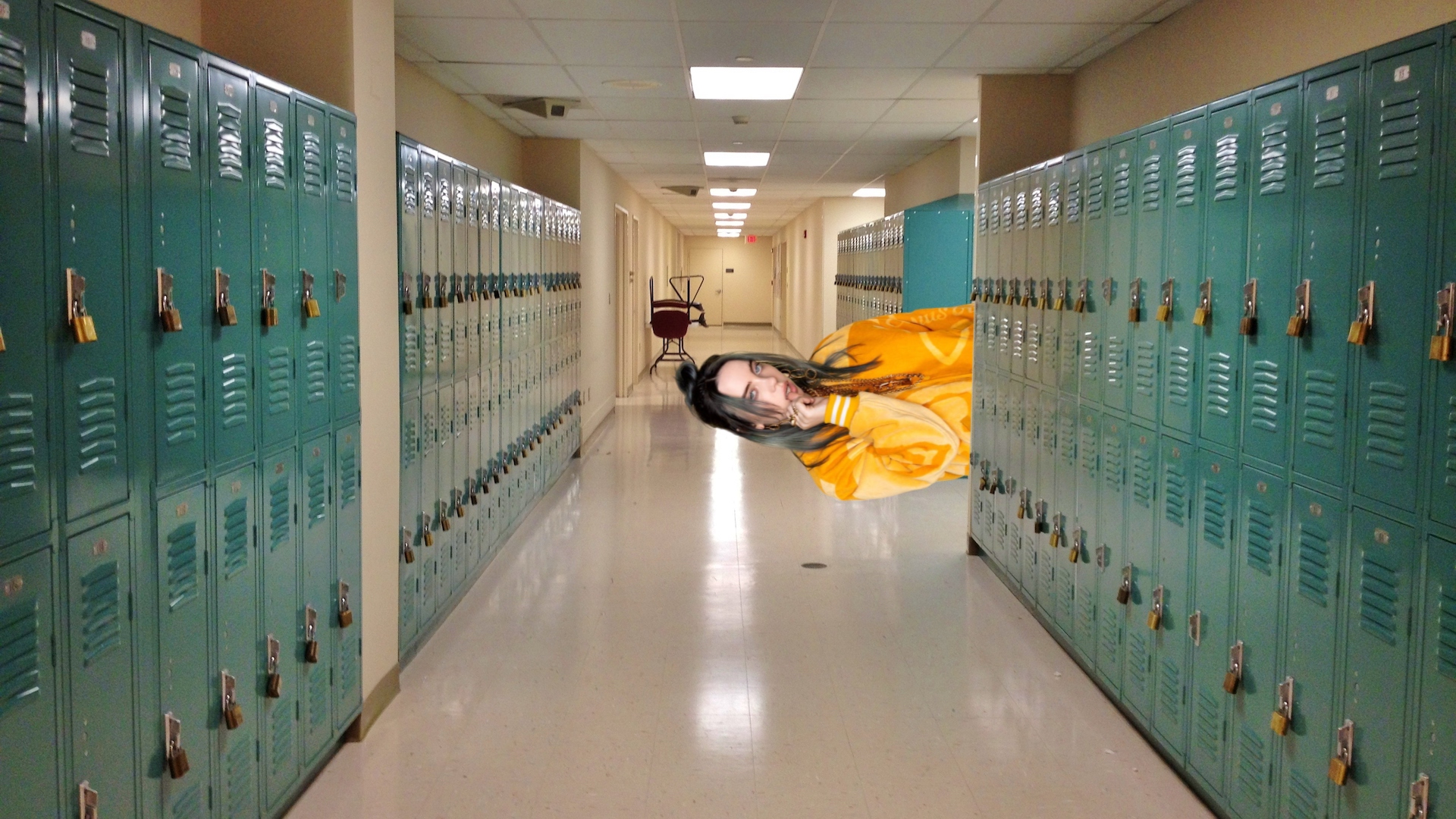 Billie Eilish in a school corridor
