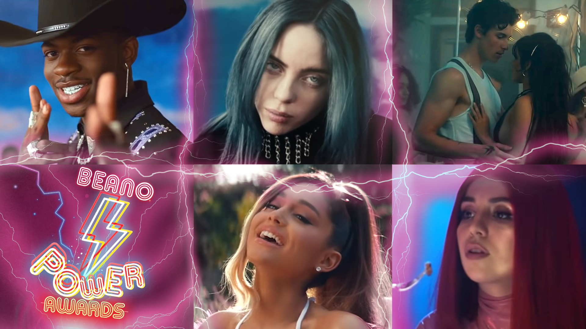 From top left to top right: Lil Nas X, Billie Eilish, Shawn Mendes & Camilla Cabeo. From bottom left to bottom right: Beano Power Awards logo, Ariana Grande, Ava Max