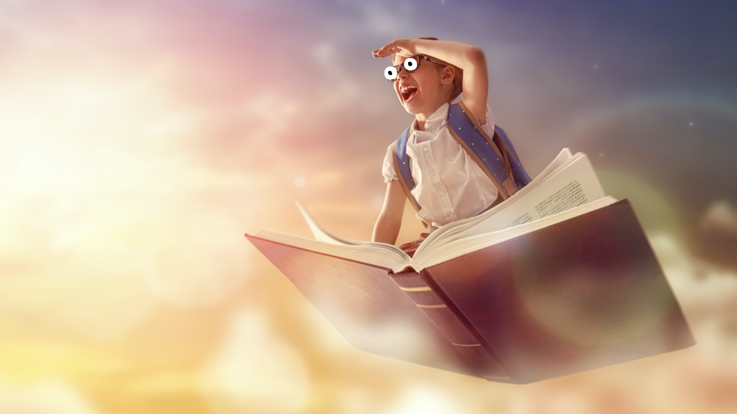A girl sitting on a flying book