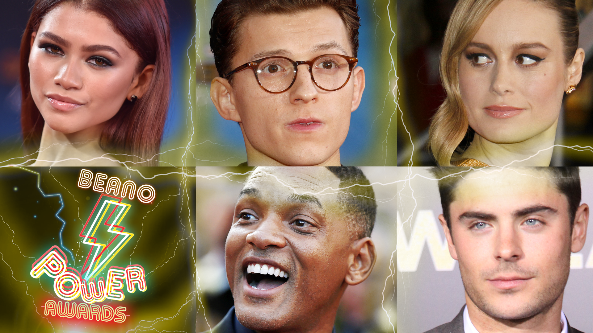 From top left to top right: Zendaya, Tom Holland, Brie Larson. From bottom left to bottom right: Beano Power Awards logo, Will Smith, Zac Efron