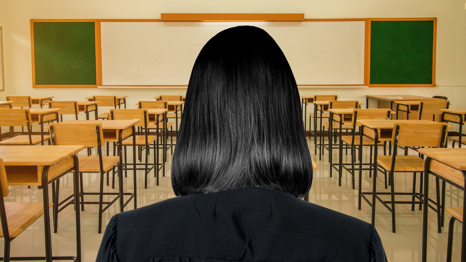 A mysterious figure in a classroom