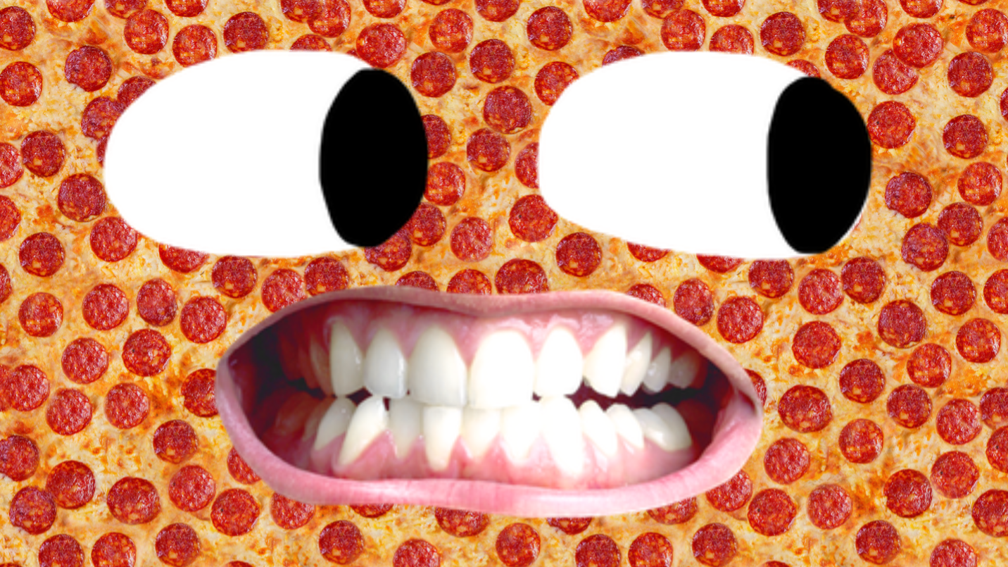A big pepperoni pizza with a mischievous face