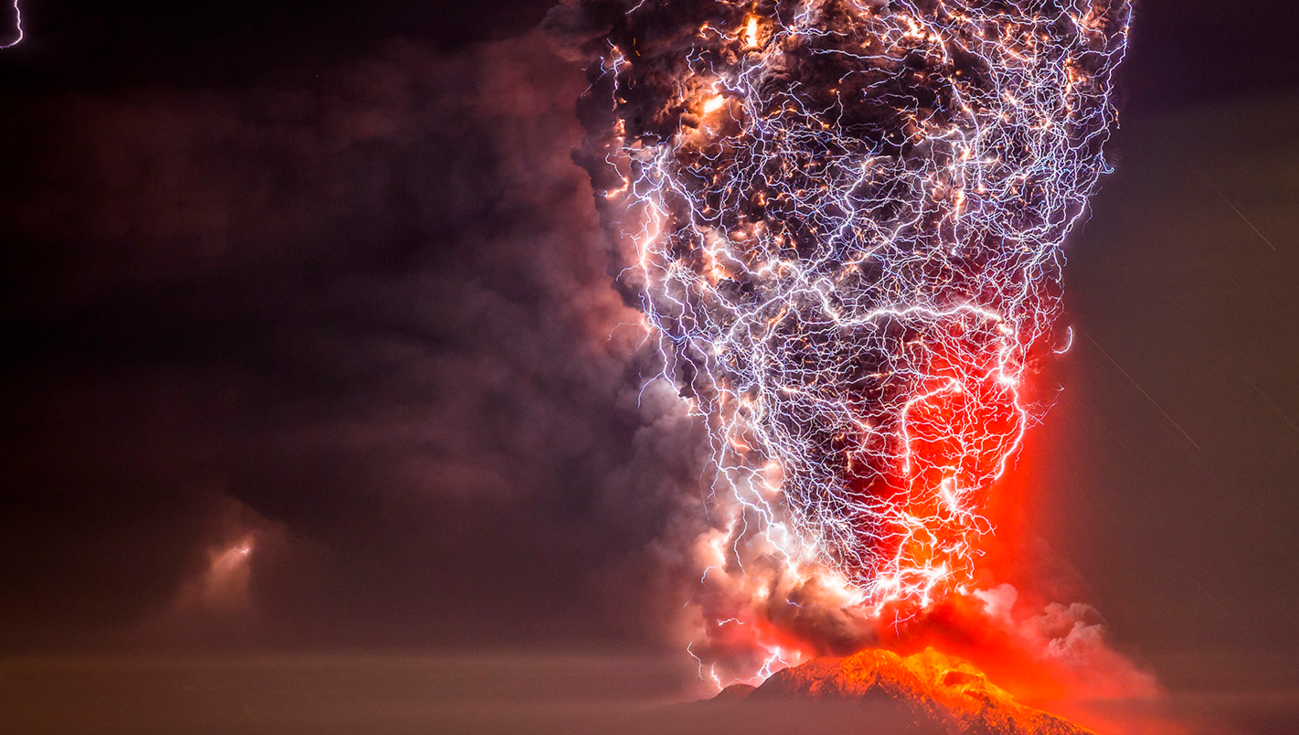 Volcano being struck by lightning