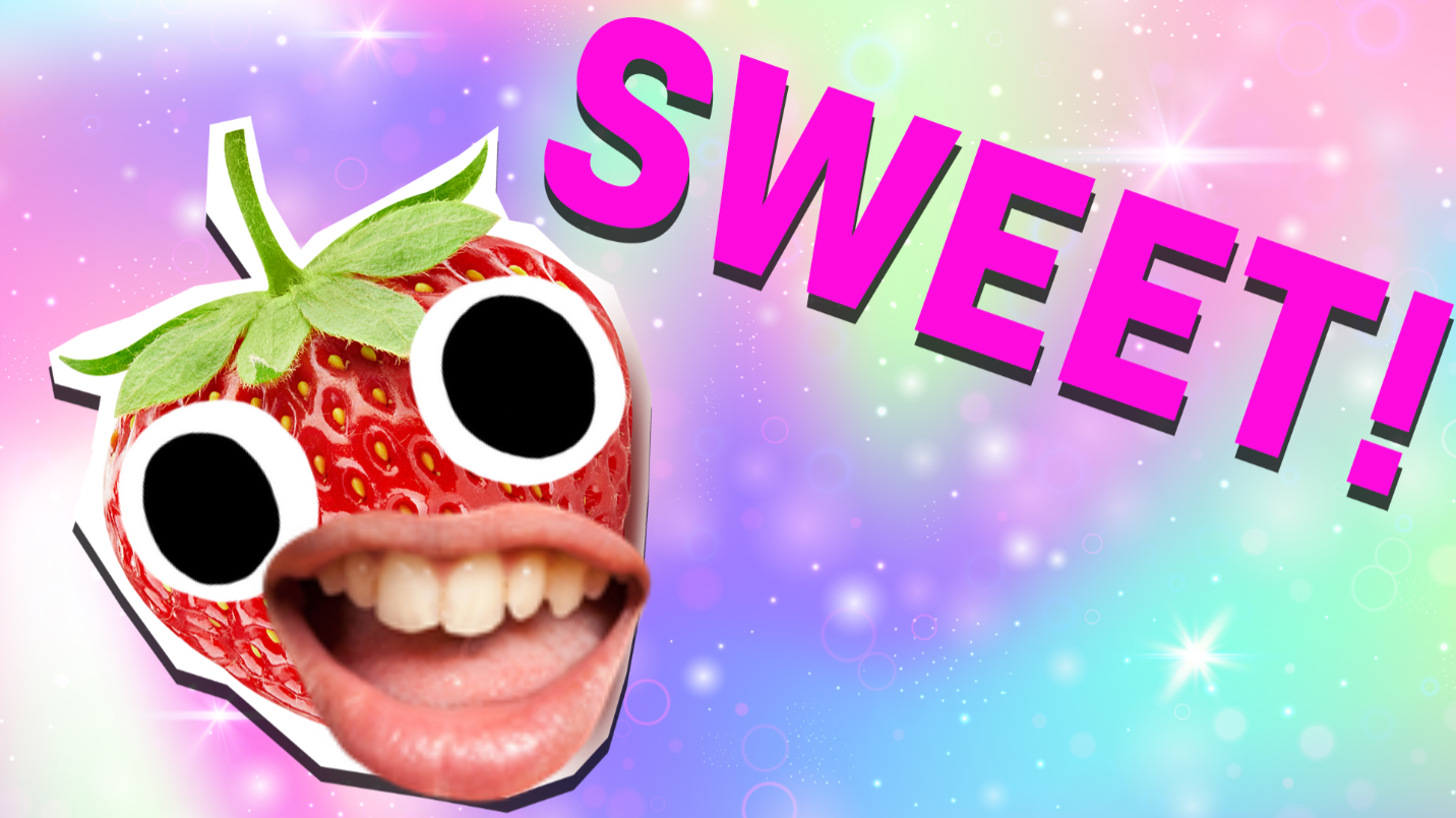 Strawberry on rainbow background with the word sweet