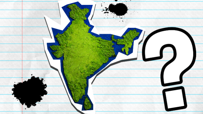 Map of India on lined paper with question mark and ink blots