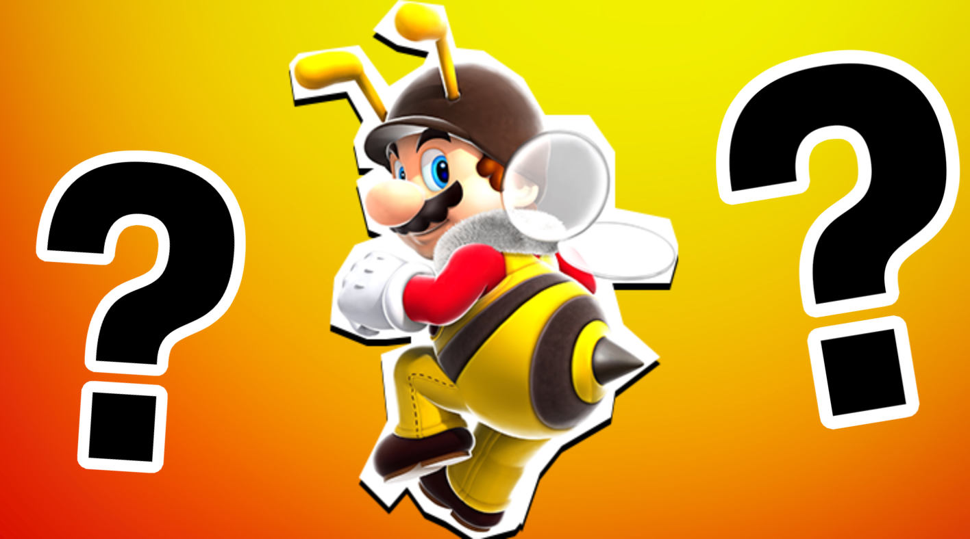 Bee Mario with question marks on orange background