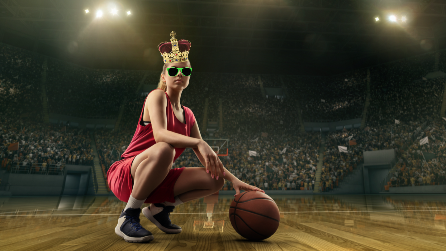 A basketball player wearing a crown