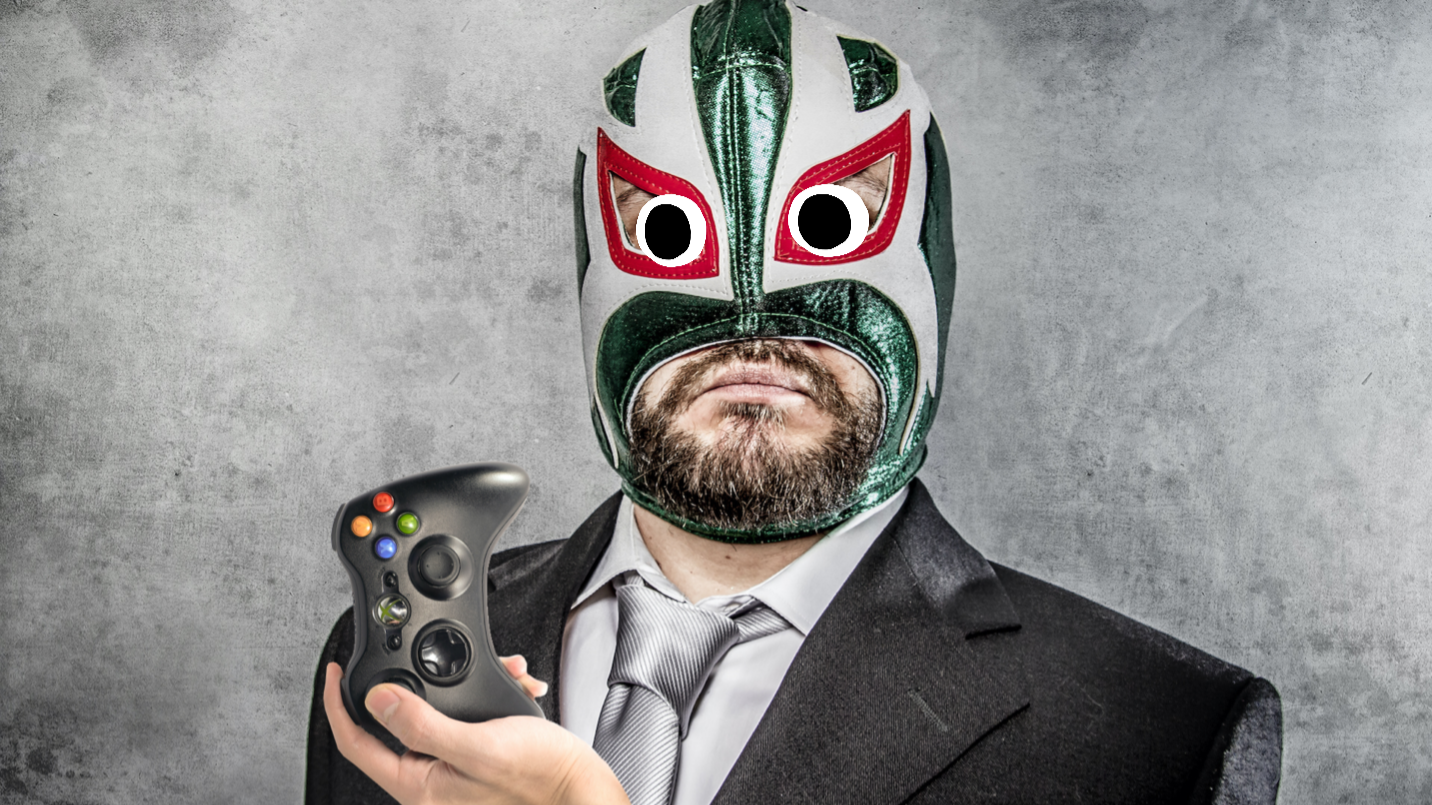 A wrestler holding an Xbox controller