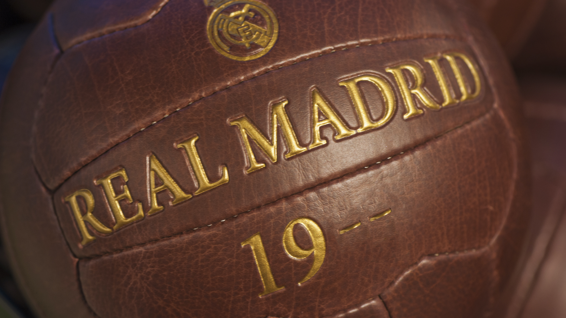 An old Real Madrid leather football with gold writing