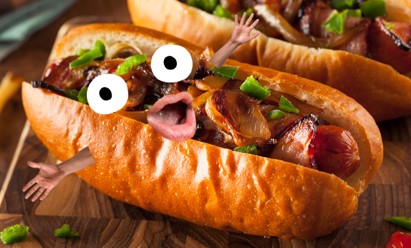 Hot dog with eyes and mouth