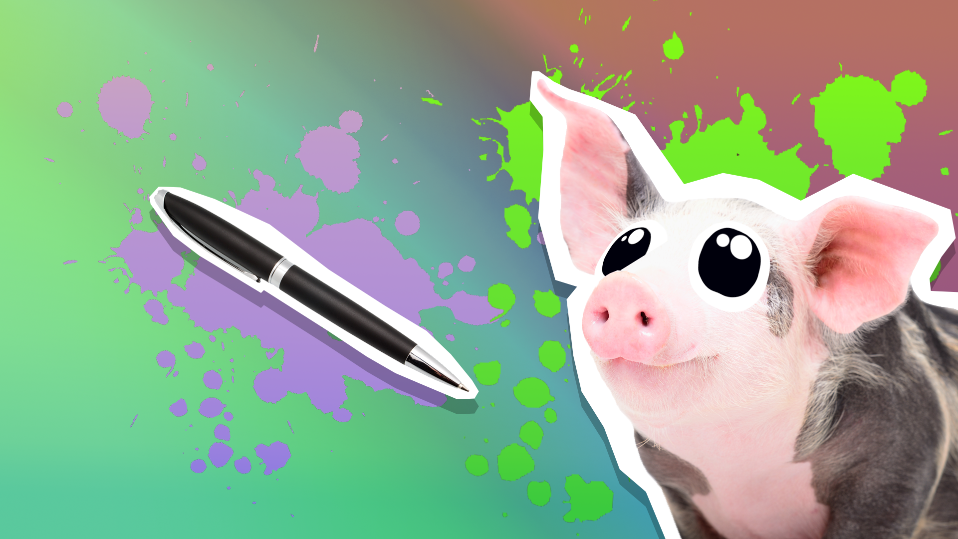 A smiling pig and a black ballpoint pen