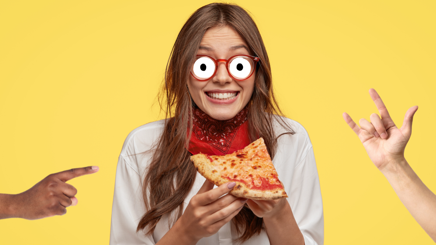 A woman holding a slice of delicious cheese pizza