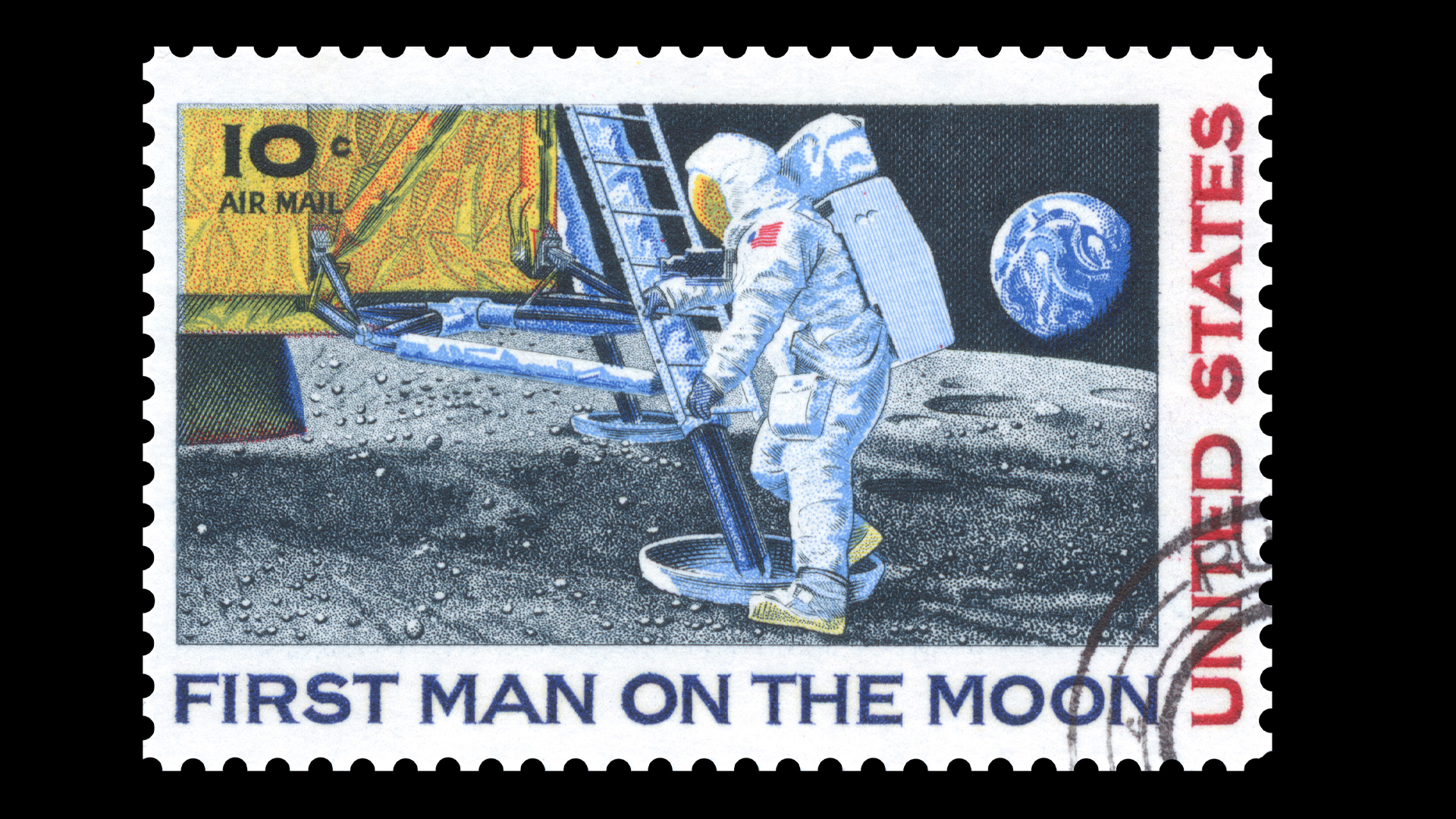 A stamp depicting an American astronaut on the moon