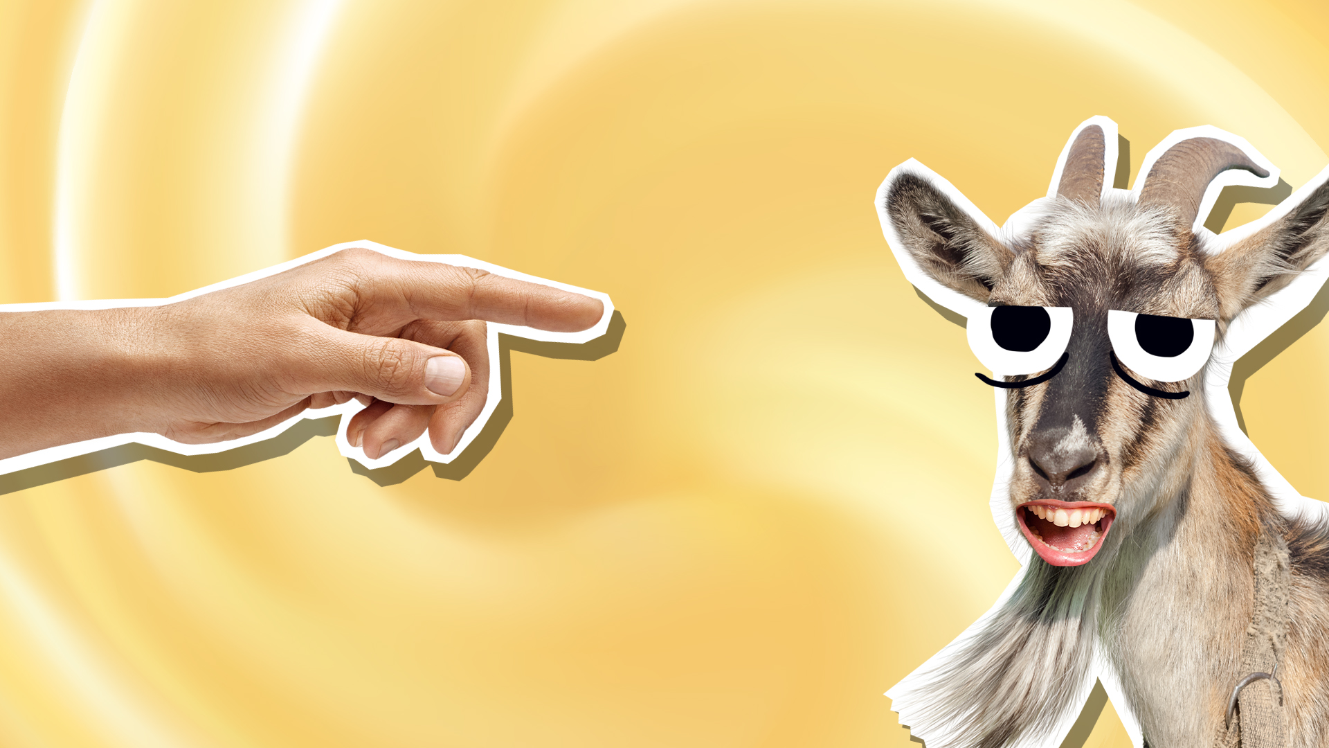 A hand pointing at a goat