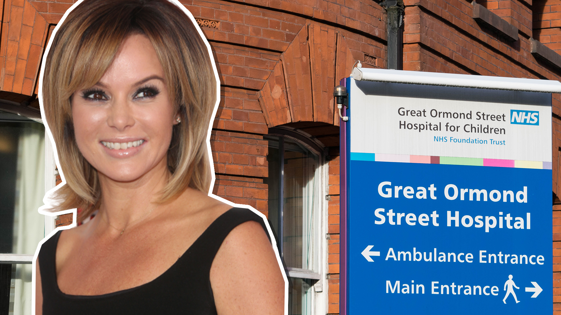Amanda Holden and a sign for Great Ormond Street Hospital 