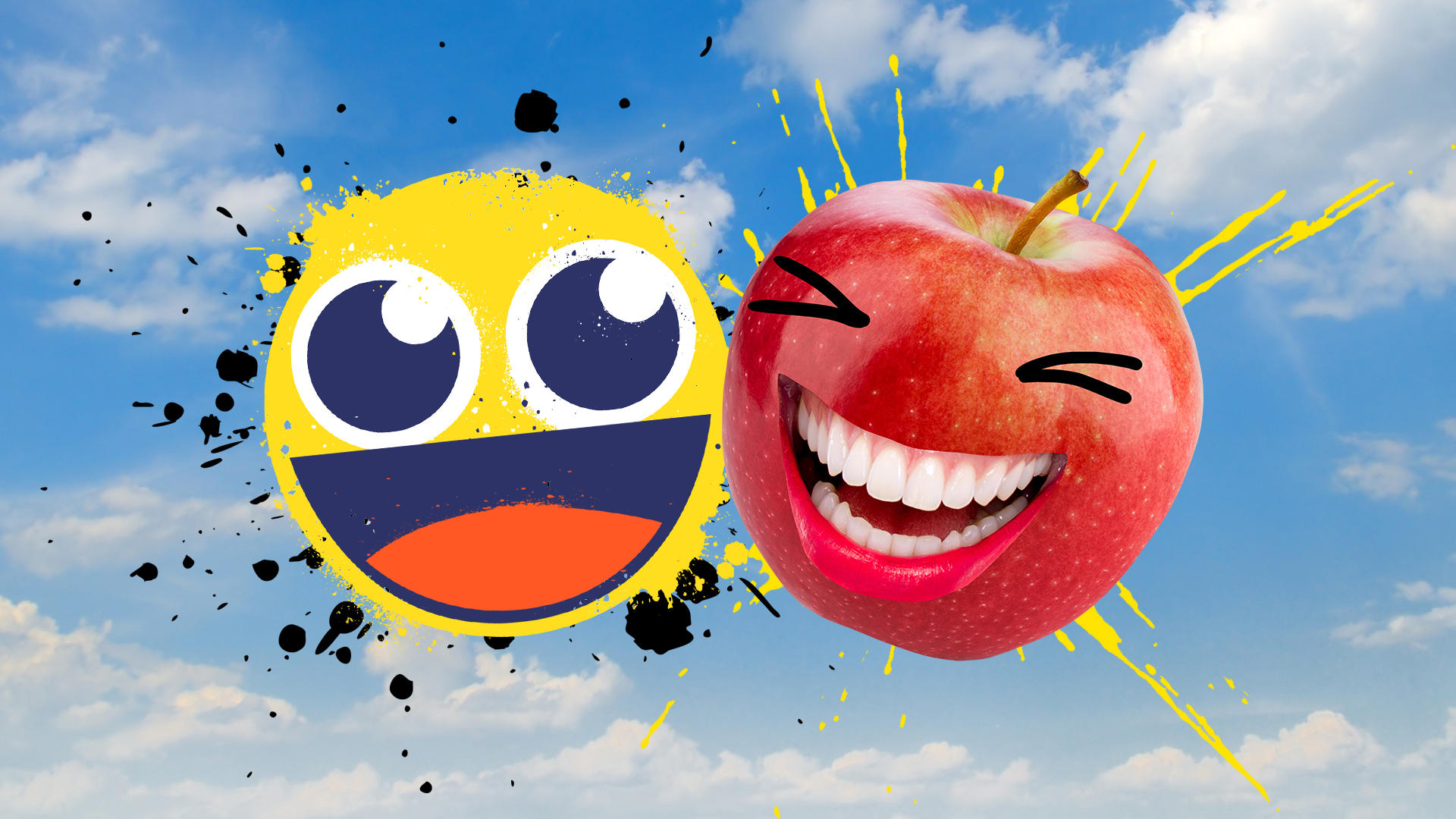 A laughing emoji and giggling red apple
