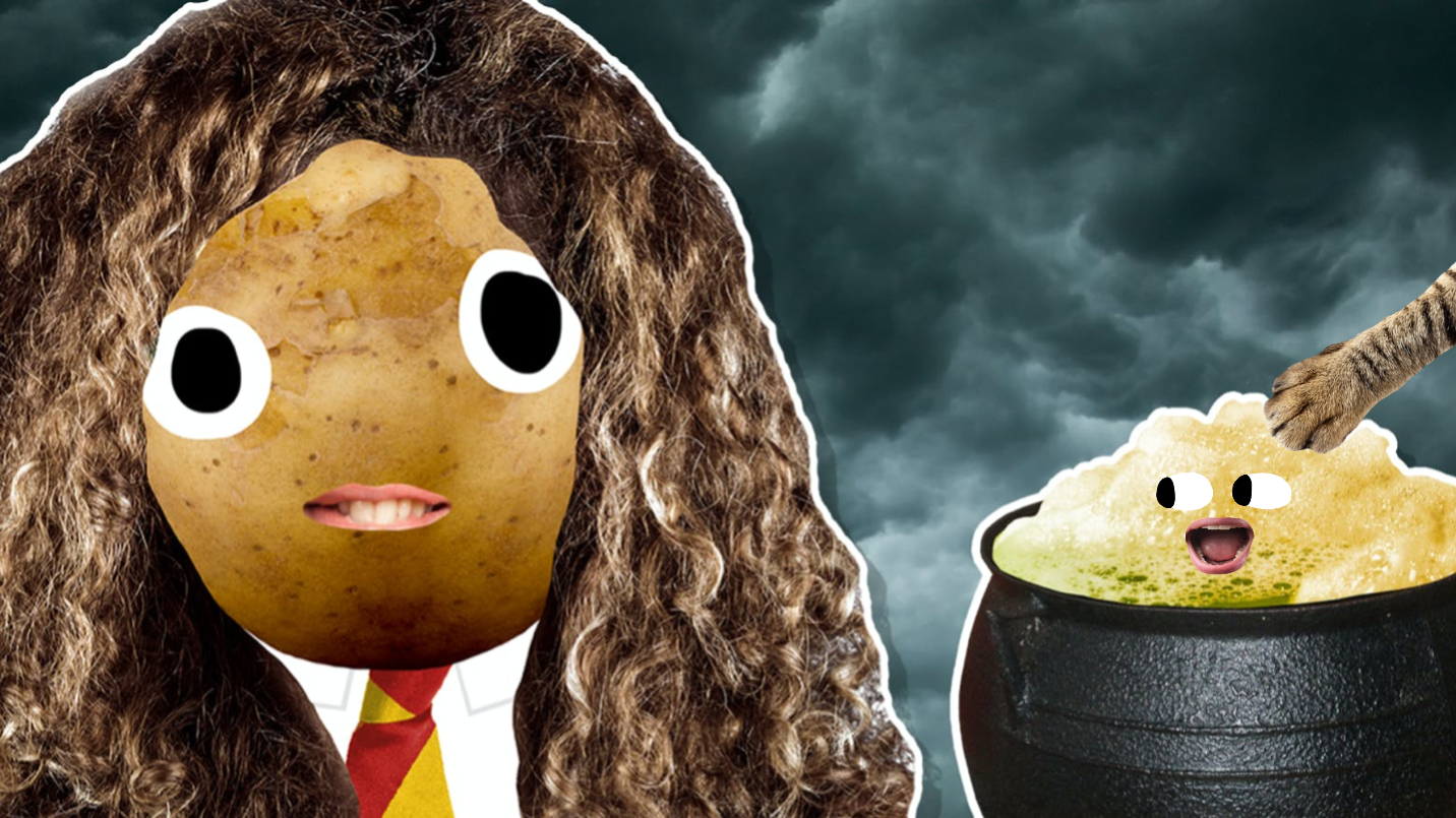 Hermione next to a cauldron