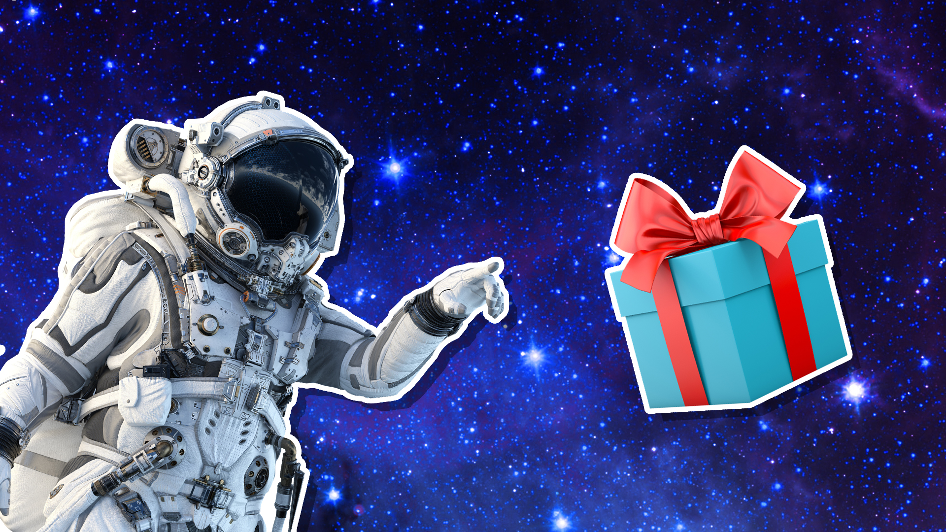 An astronaut in space with a floating gift