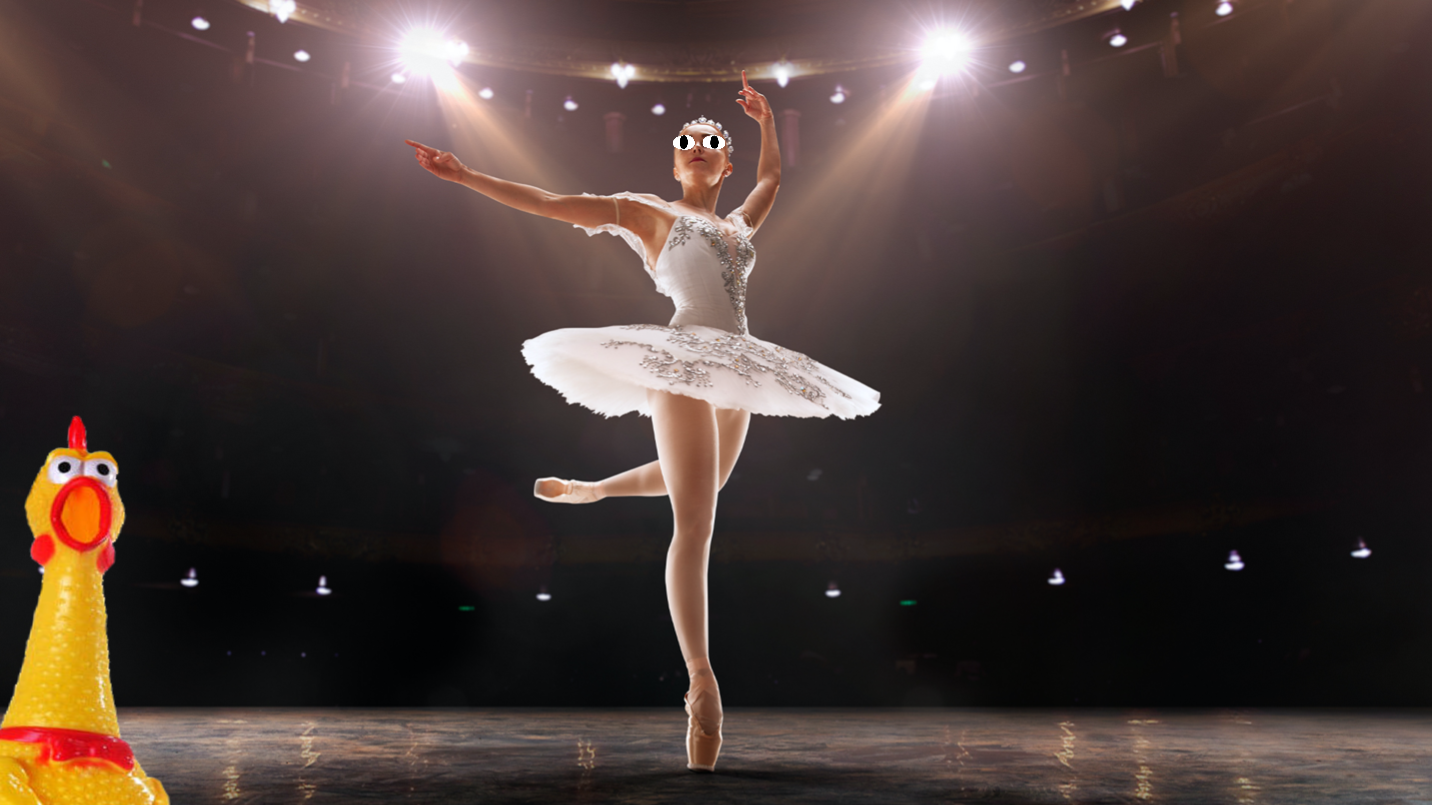 A rubber chicken watches a ballet dancer