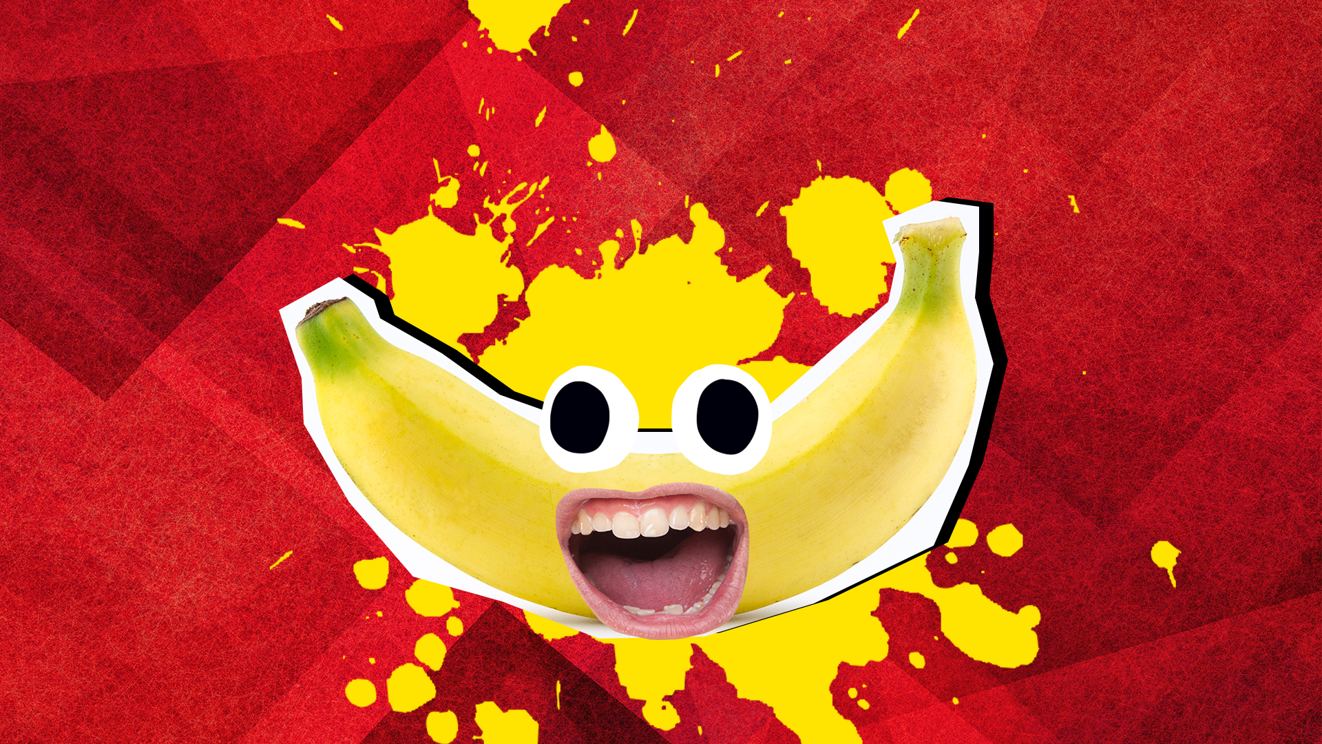 An excited looking banana in front of a red background
