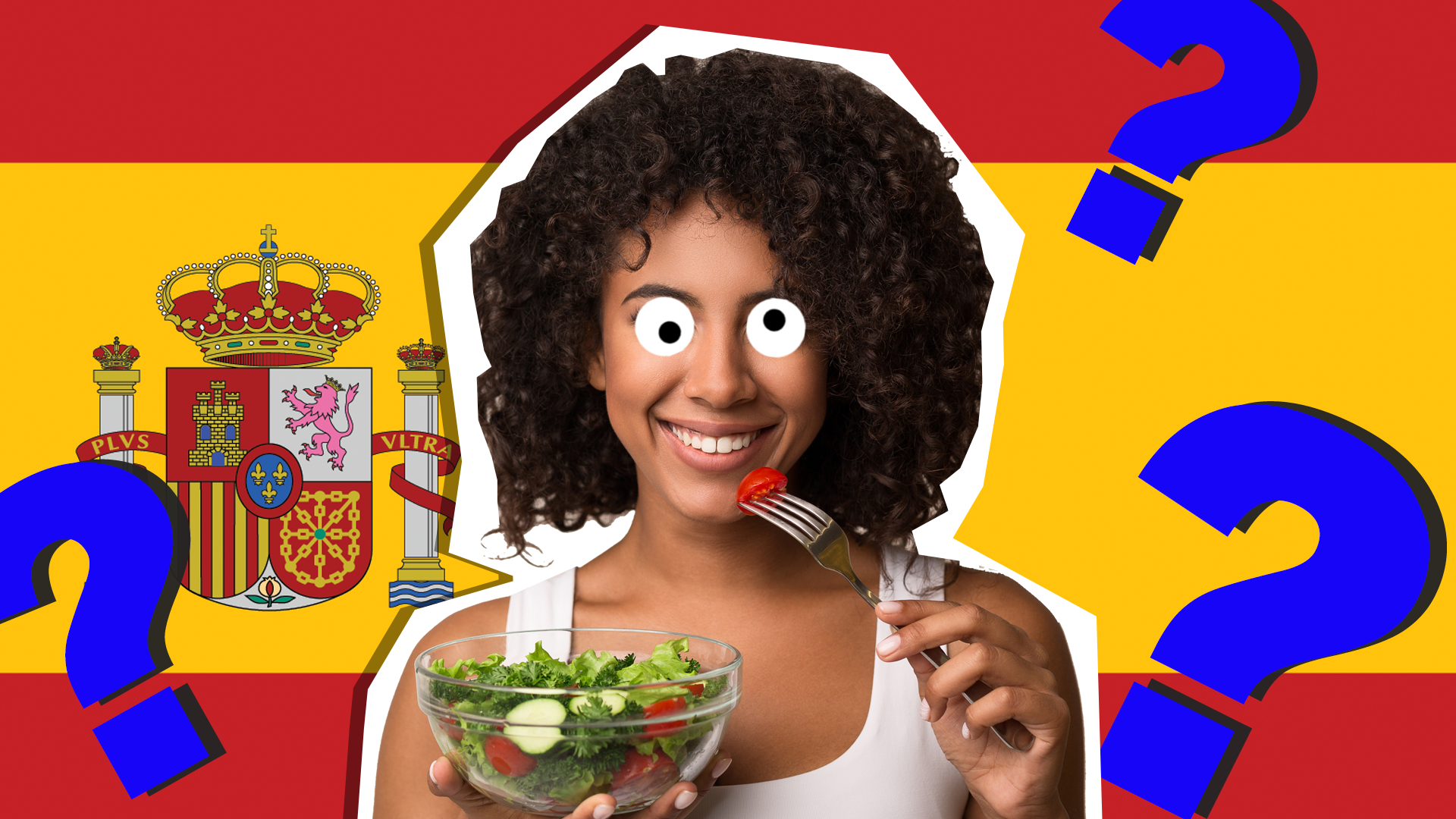 Woman eating in front of Spanish flag