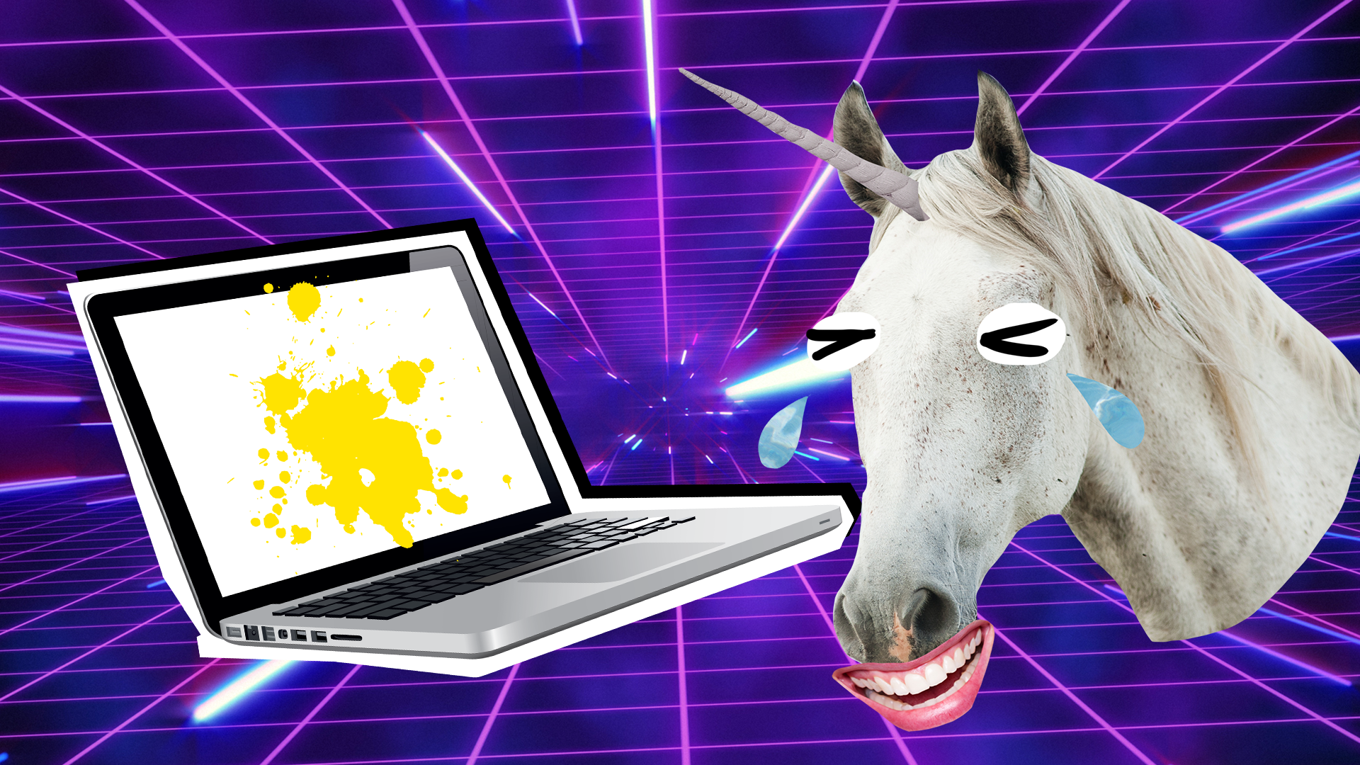 Cry laughing unicorn and a laptop