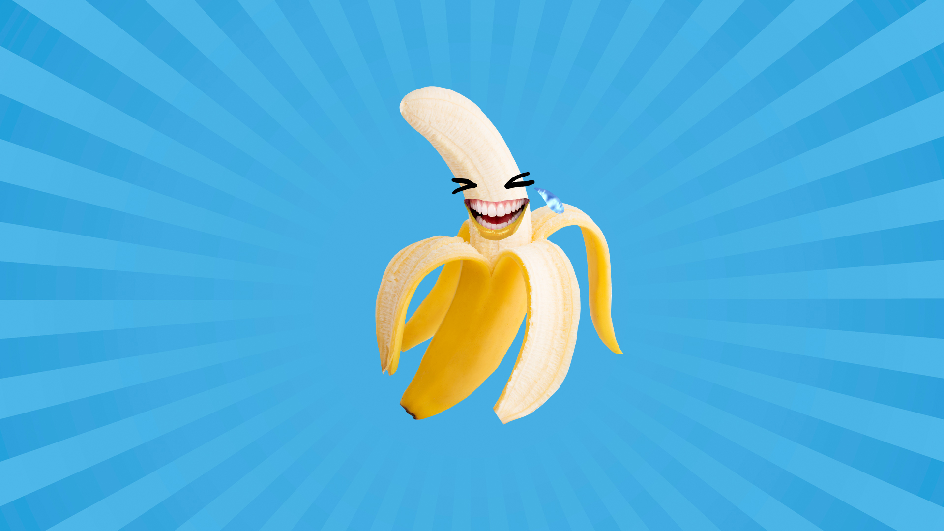 A laughing banana in front of a blue background