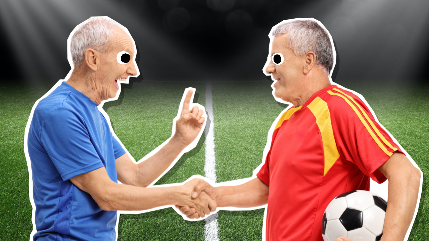 Two elderly football fans shaking hands