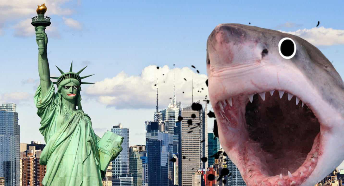 Statue of Liberty and New York skyline with shark