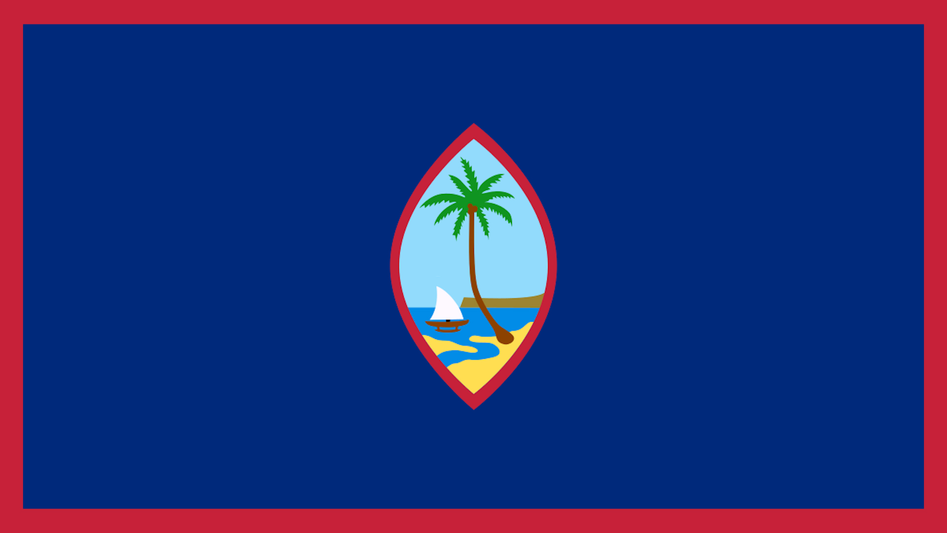 A flag with a palm tree and beach on it