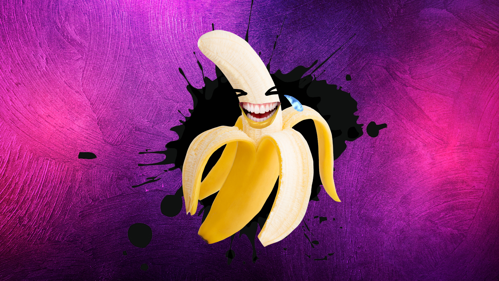 A laughing banana in front of a purple background