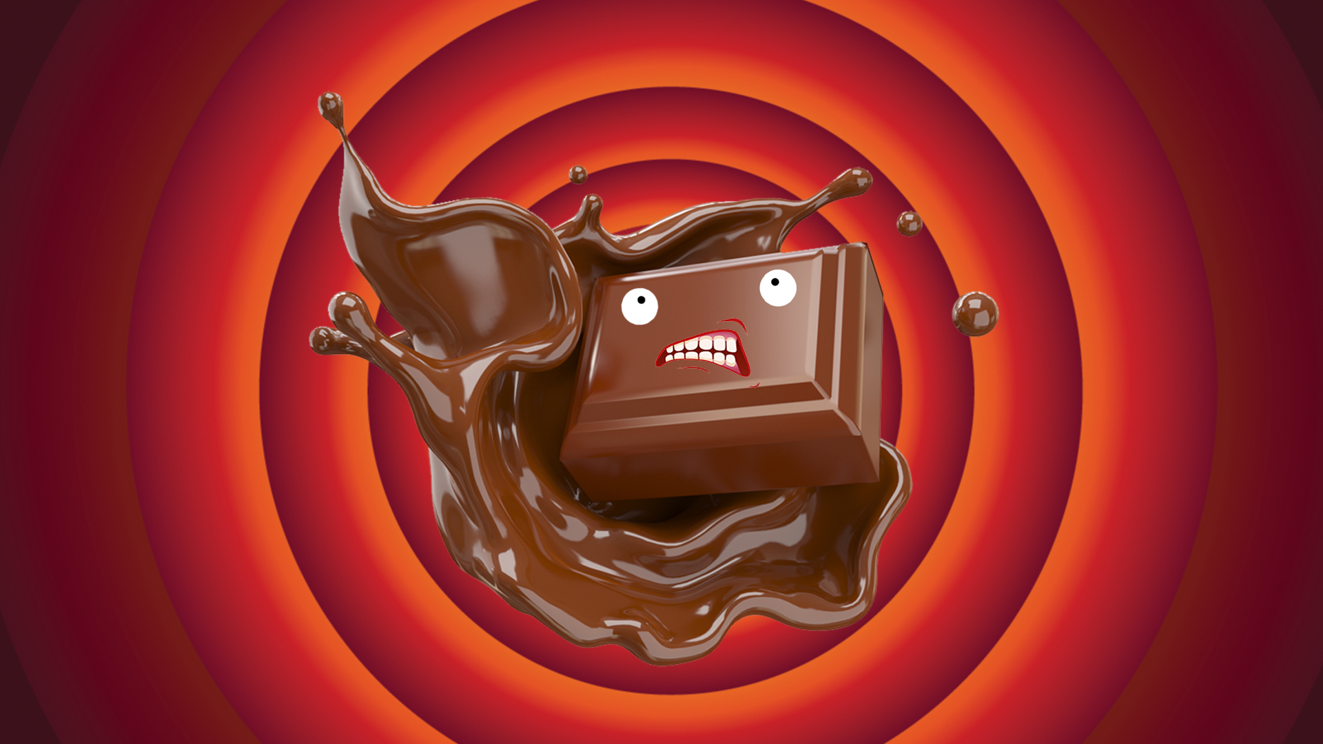 An angry looking piece of chocolate in front of an orange and red back background