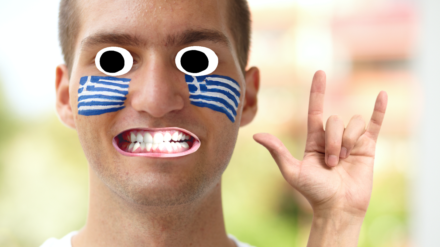 A man with Greek flags painted on his cheeks