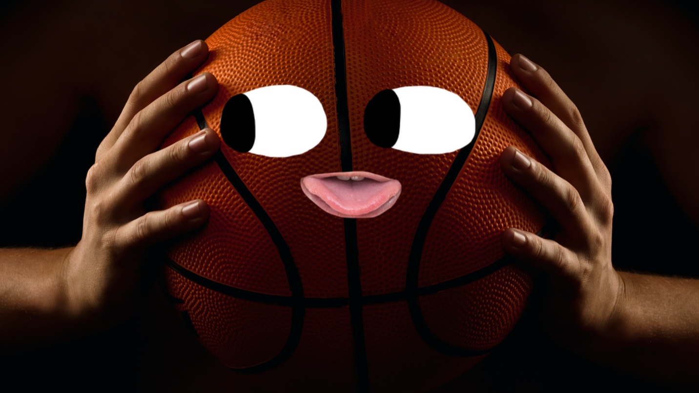 A basketball with eyes and mouth